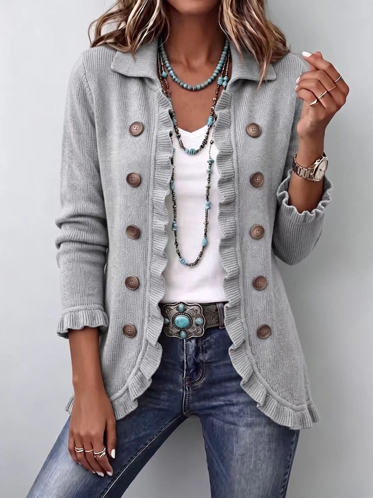 Esme – Sivi melirani vintage-inspirirani cardigan z volančki
