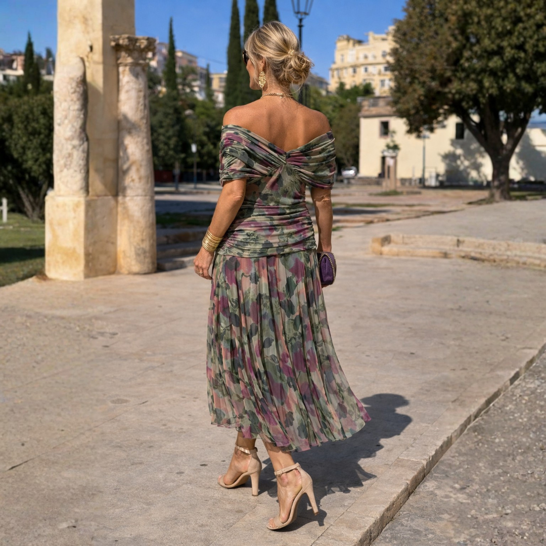 Mikaela | Maxi obleka z off-shoulder krojem, ki poudari trebuh