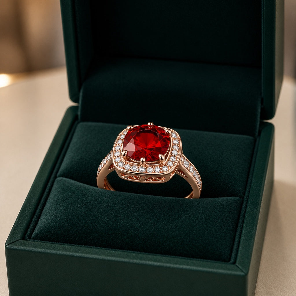 Sofisticiran Ruby Halo Zlati Prstan