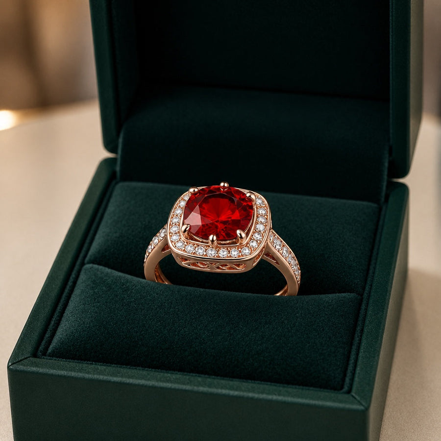 Sofisticiran Ruby Halo Zlati Prstan
