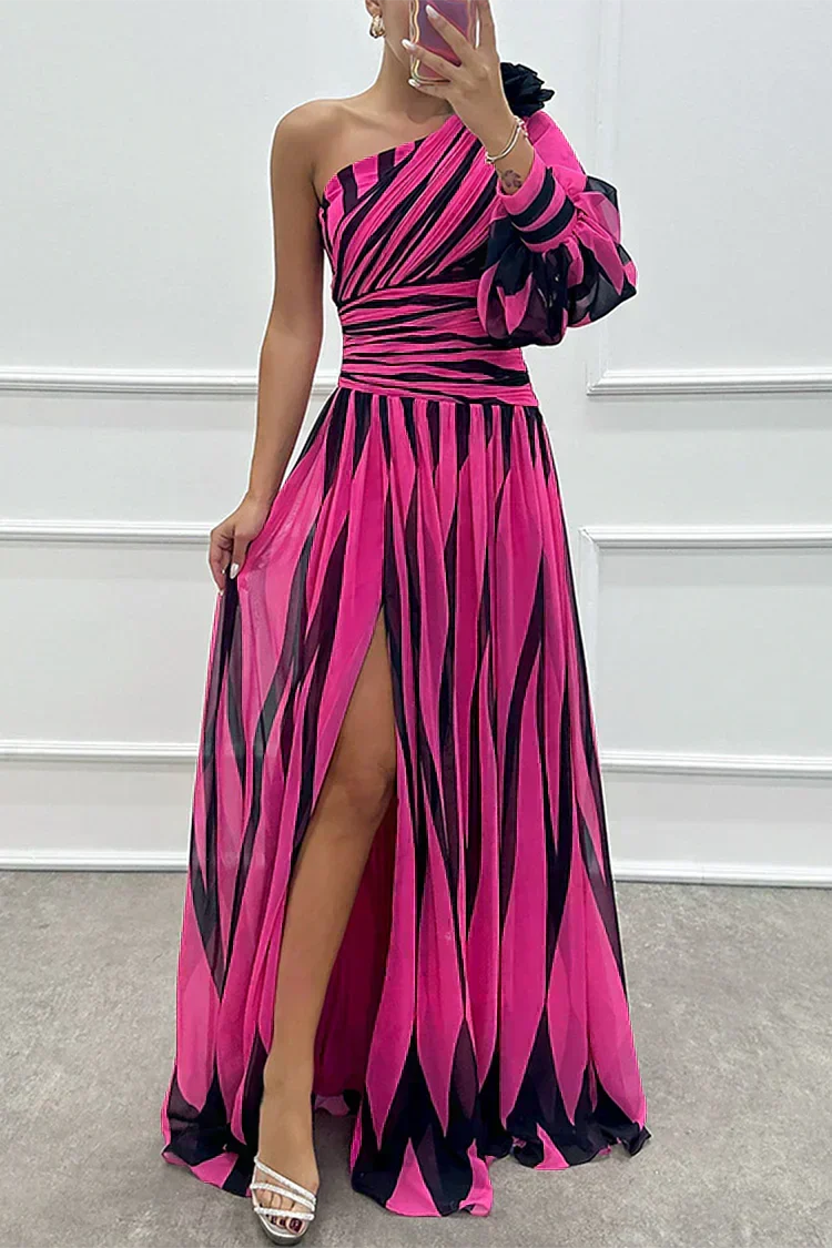 Hazel™ | Elegantna Maxi Obleka z Črtami in Odkritimi Rameni