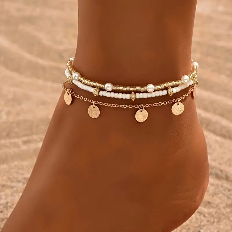 Obalni čar 3-delni slojeviti anklet set | Zlato