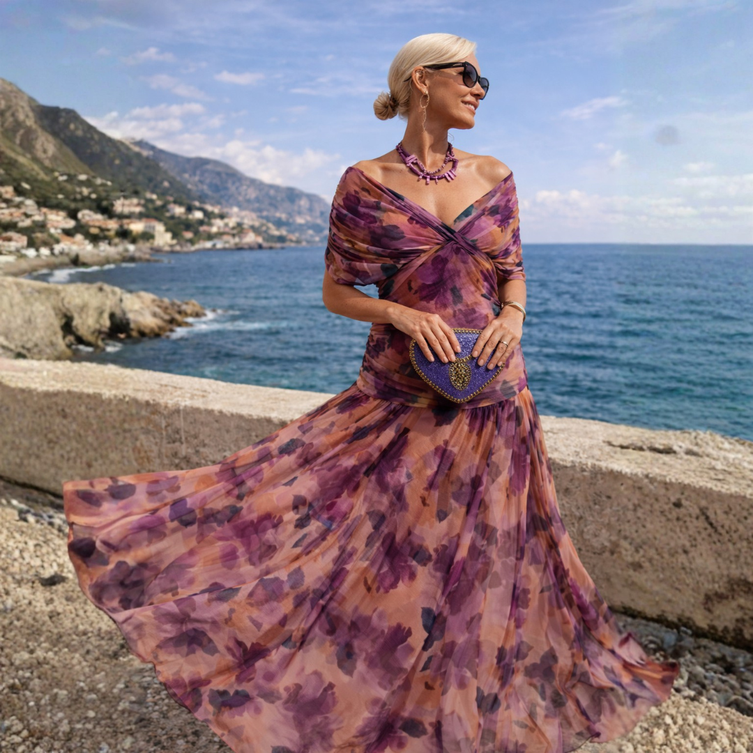 Mikaela | Maxi obleka z off-shoulder krojem, ki poudari trebuh