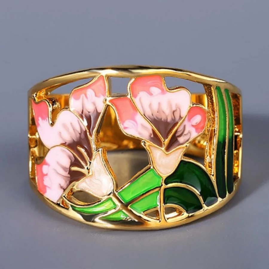 Retro Zlati Emailni Cvečni Prstan