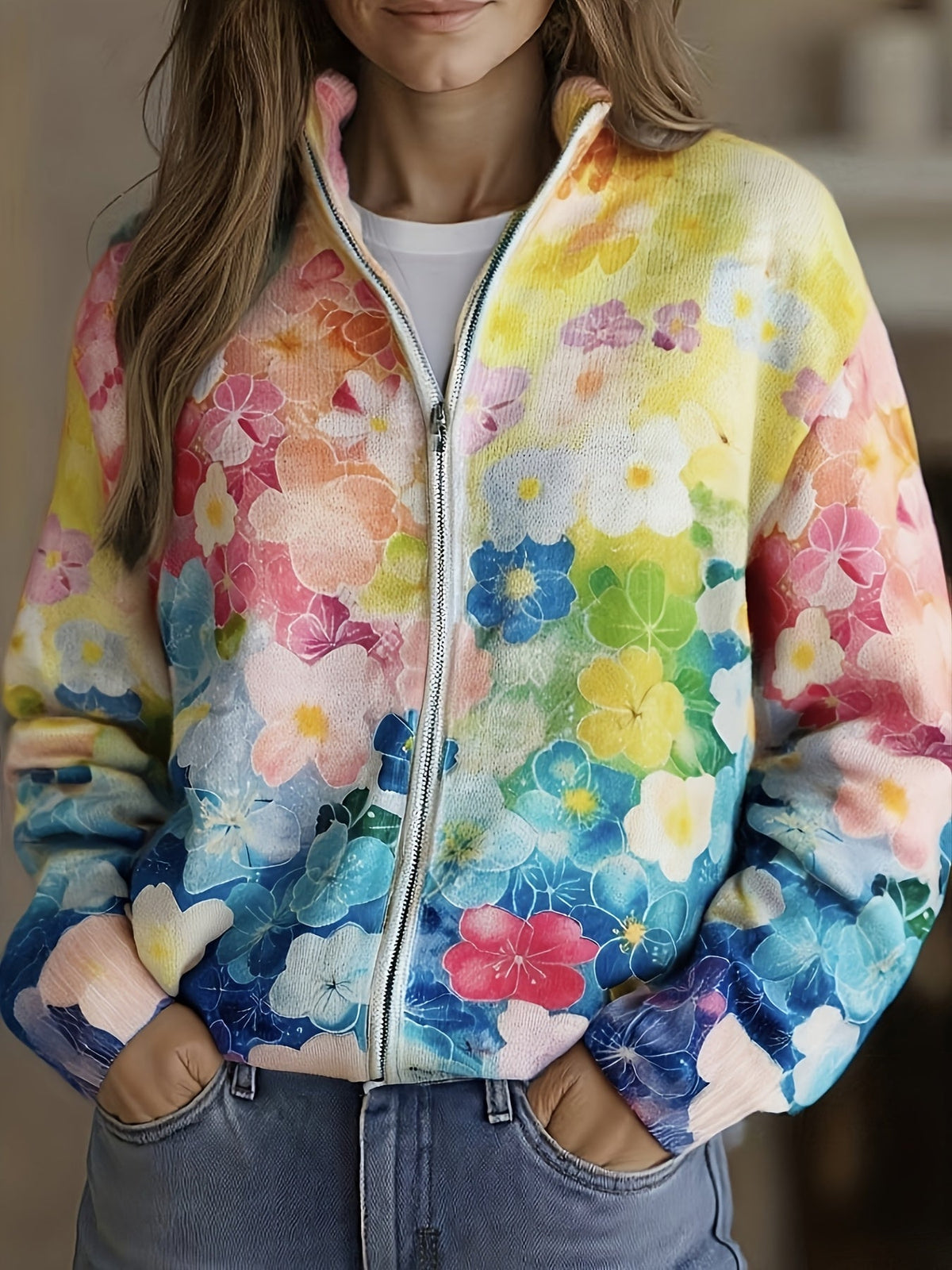 Augusta™ | Vodcolorna cvetna ombre zip jopica