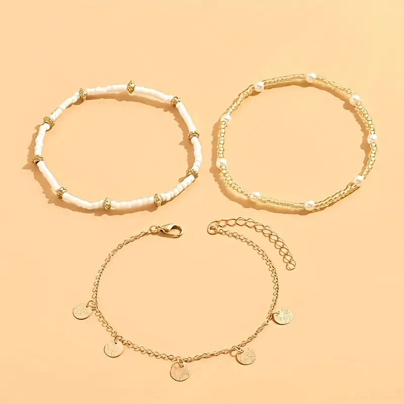 Obalni čar 3-delni slojeviti anklet set | Zlato
