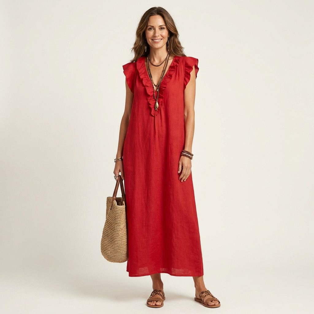 Josette | Maxi obleka z volančki in V-izrezom
