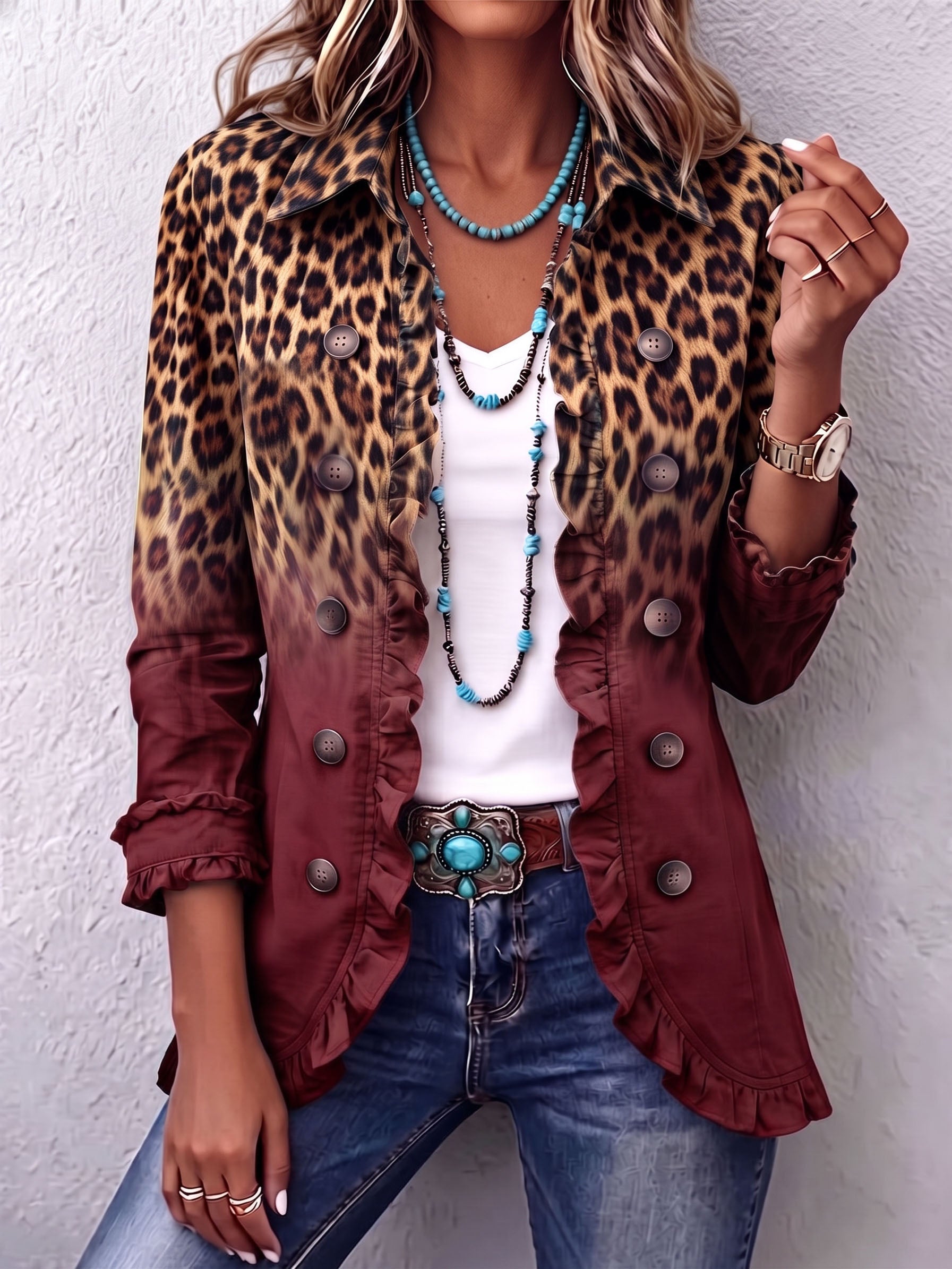 Brianna – Blazer z gradientnim leopardjim vzorcem in volančki