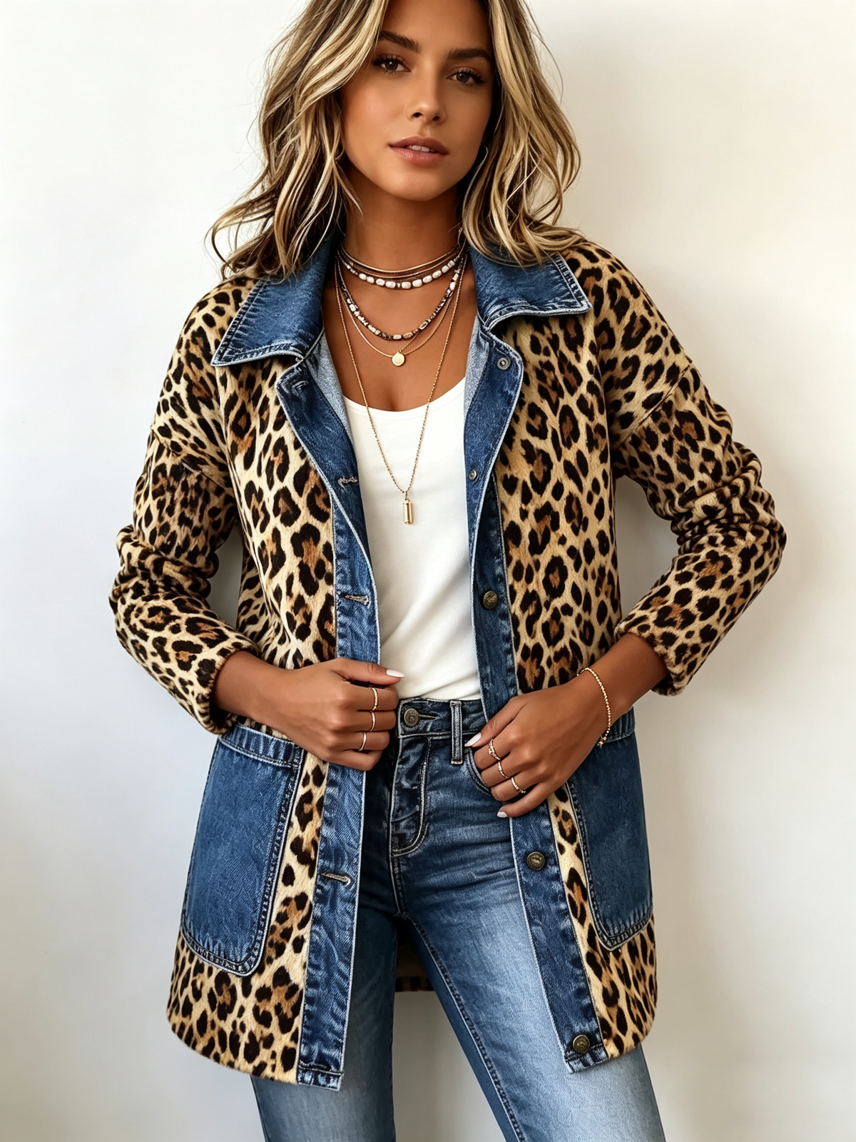 Liana – Dolga jakna iz jeansa s leopardjim vzorcem