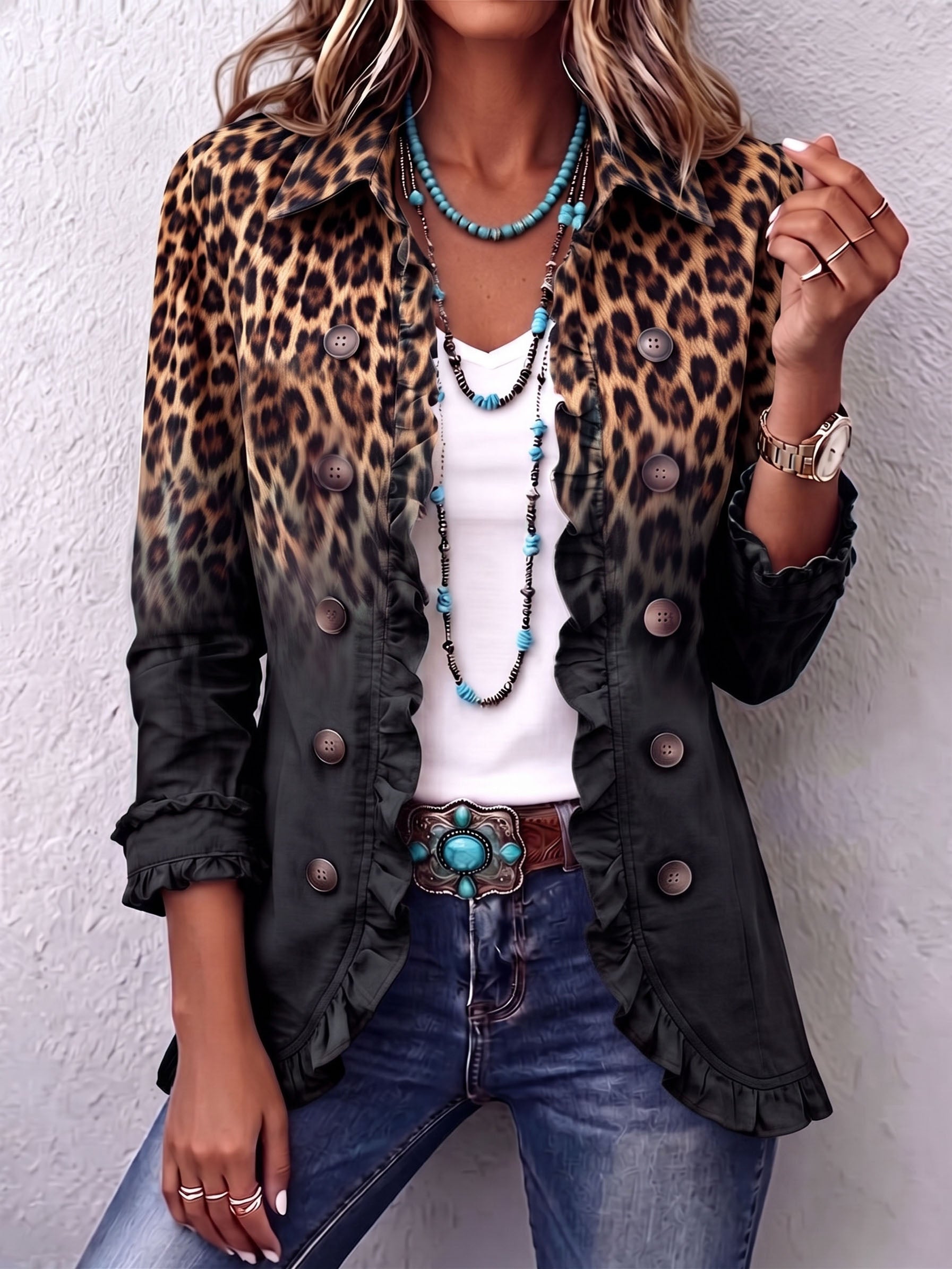 Heather – Črno leopardji potisk frill blazer