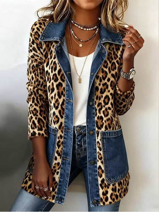 Liana – Dolga jakna iz jeansa s leopardjim vzorcem